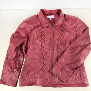 LanaLee Burgundy Jacket Women's XL Zip Up Coat Crinkle Faux Leather‎ red